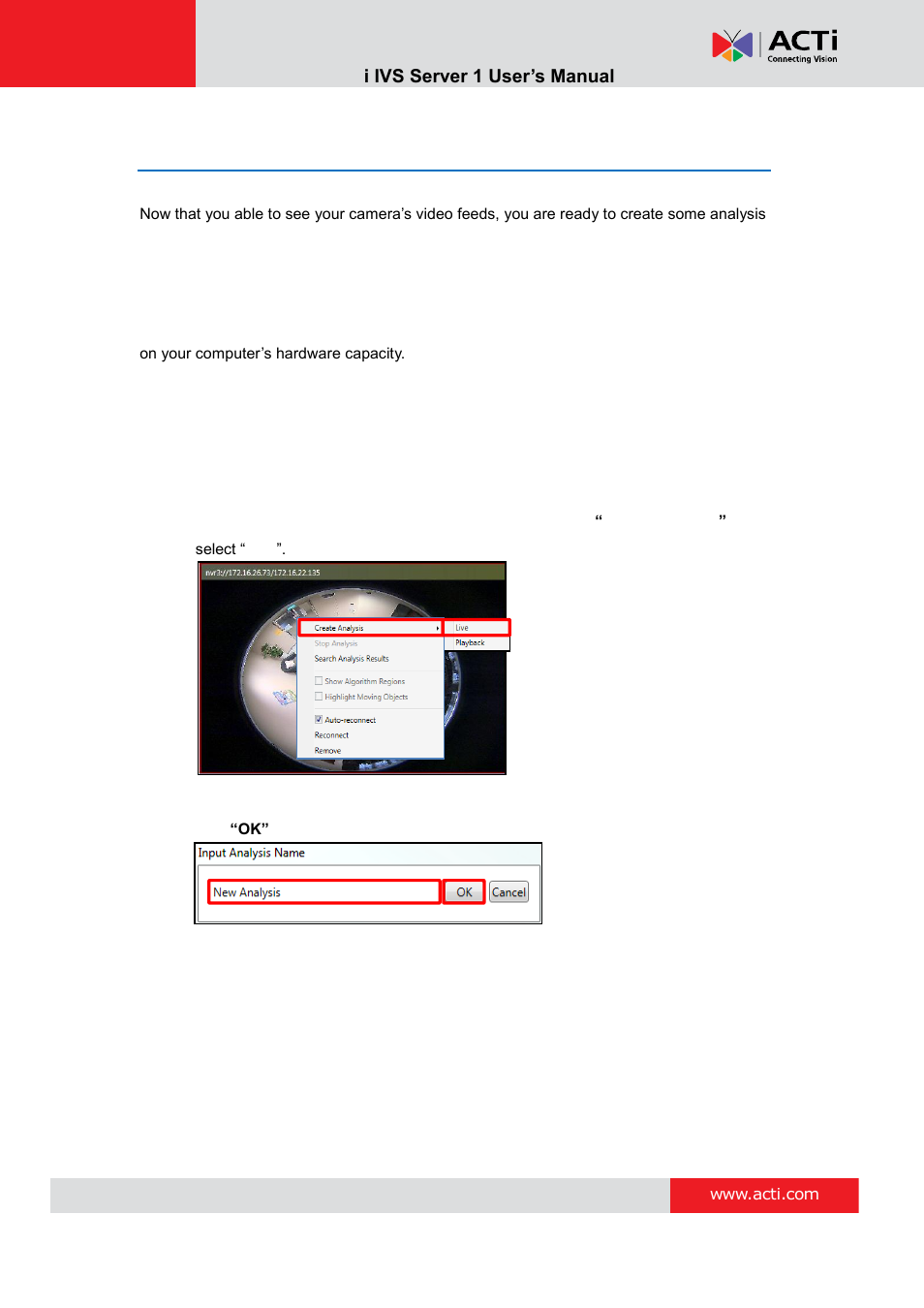Create an analysis rule, Accessing new analysis window, Live view analysis | ACTi IVS Server 1 V2.02.06 User Manual | Page 23 / 52