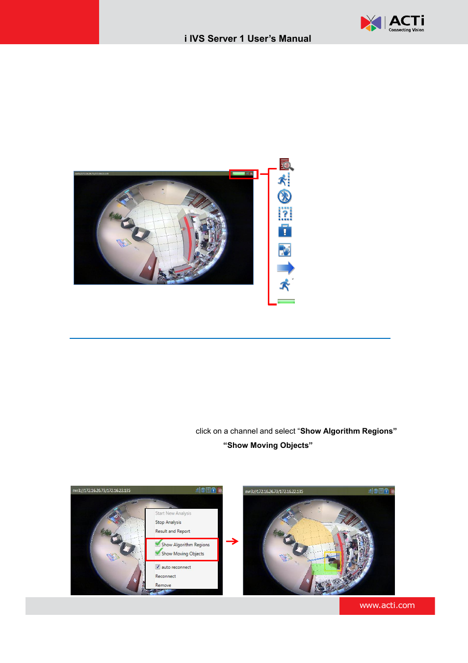 Monitoring, Display detection indicators | ACTi IVS Server 1 V2.02.06 User Manual | Page 40 / 52