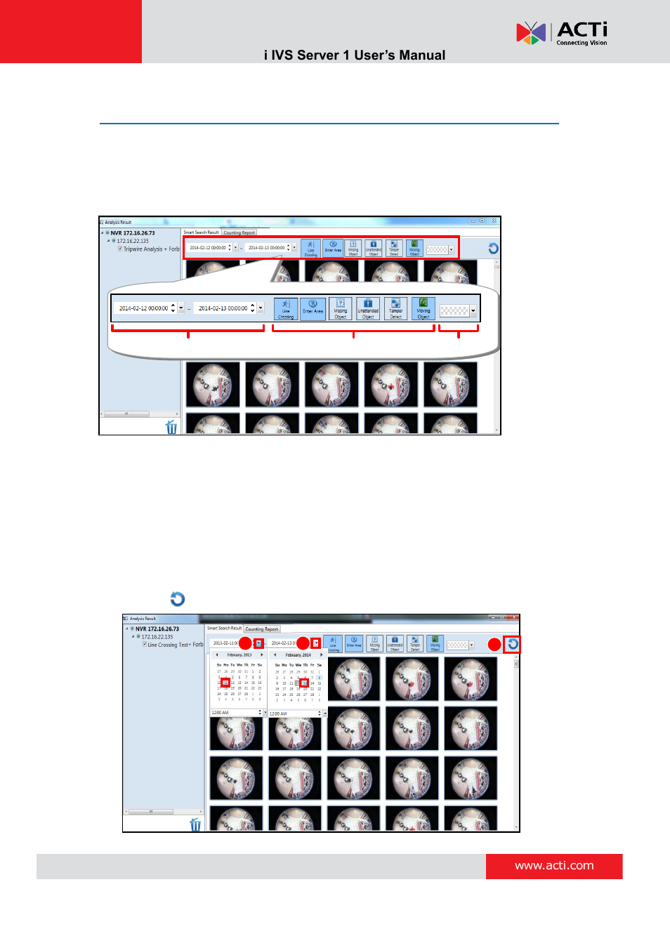 Search results by filters, Smart search results by time period | ACTi IVS Server 1 V2.02.06 User Manual | Page 42 / 52
