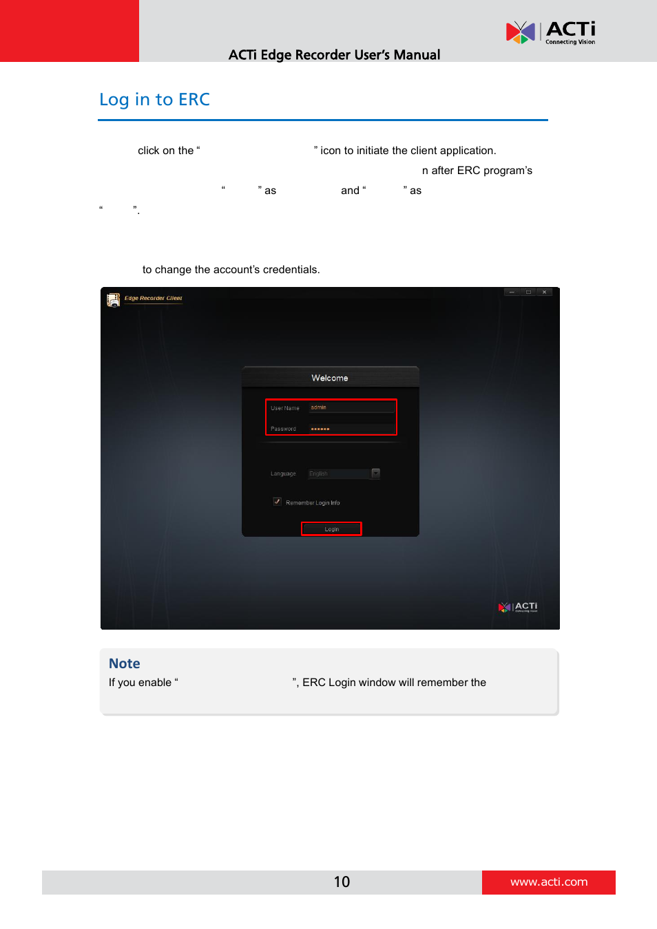 Log in to erc | ACTi Edge Recorder Client for Windows V1.0.03 User Manual | Page 10 / 49