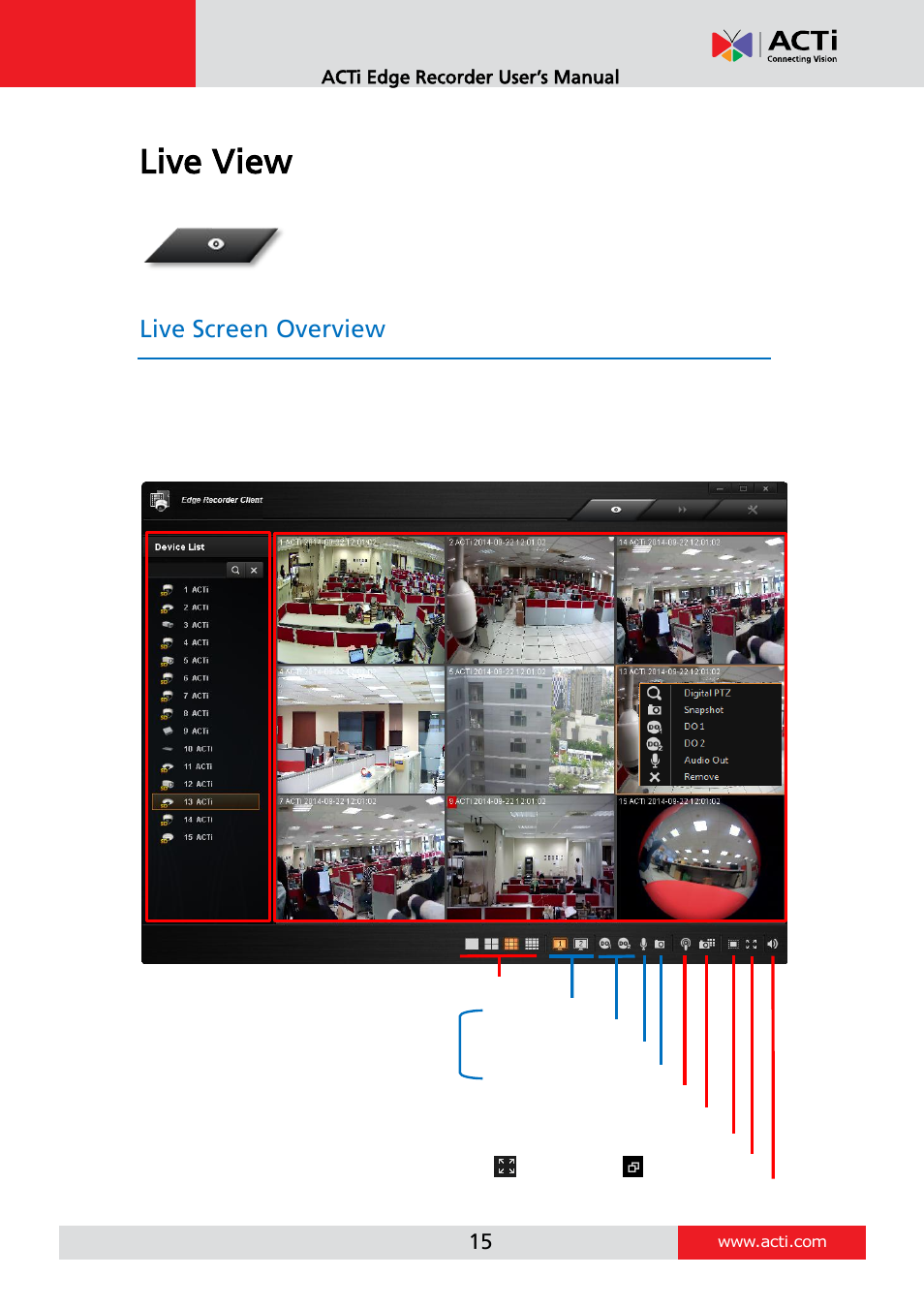 Live view, Live screen overview | ACTi Edge Recorder Client for Windows V1.0.03 User Manual | Page 15 / 49