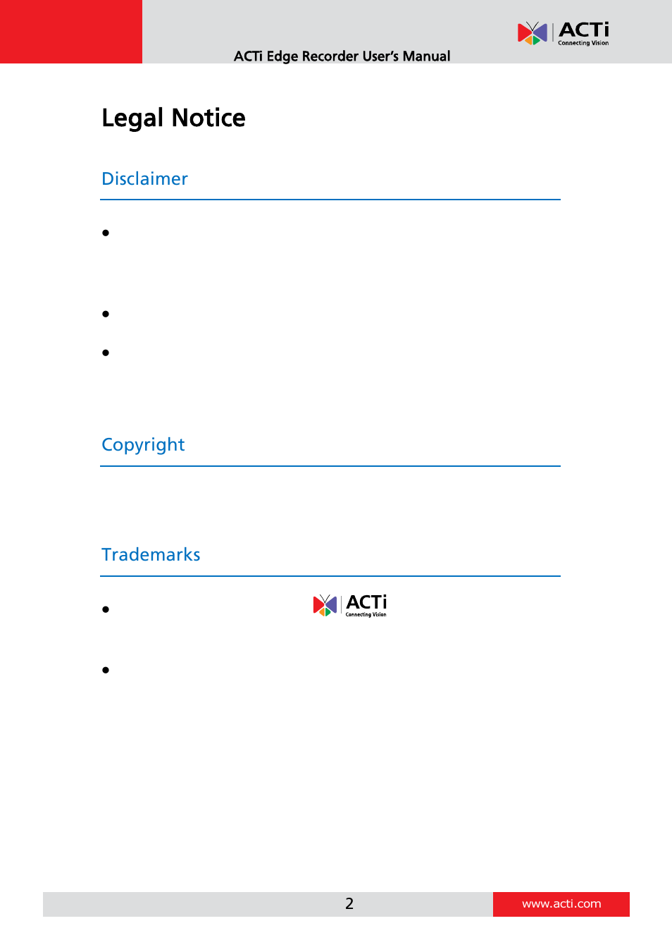 Legal notice, Disclaimer, Copyright | Trademarks | ACTi Edge Recorder Client for Windows V1.0.03 User Manual | Page 2 / 49