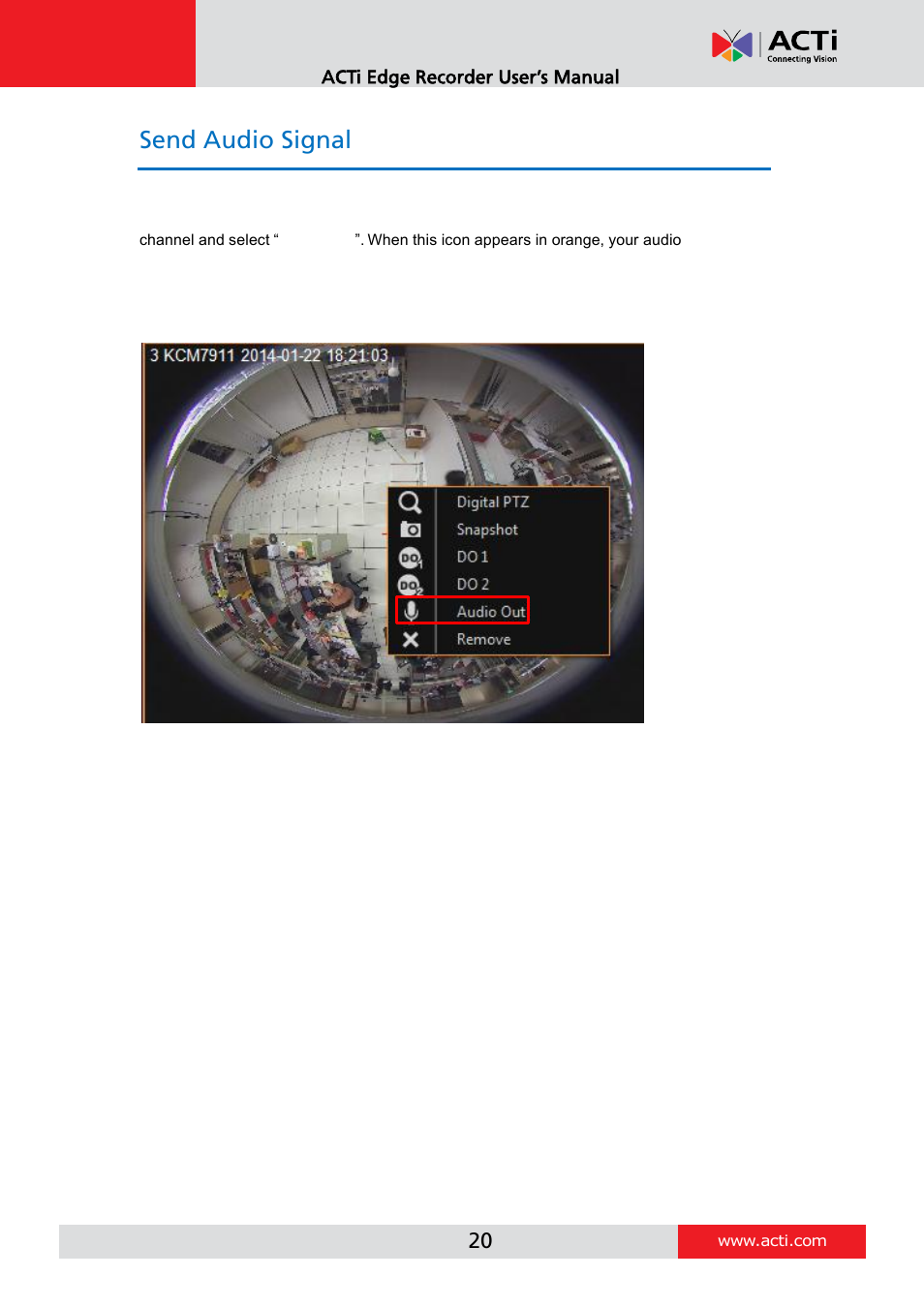 Send audio signal | ACTi Edge Recorder Client for Windows V1.0.03 User Manual | Page 20 / 49