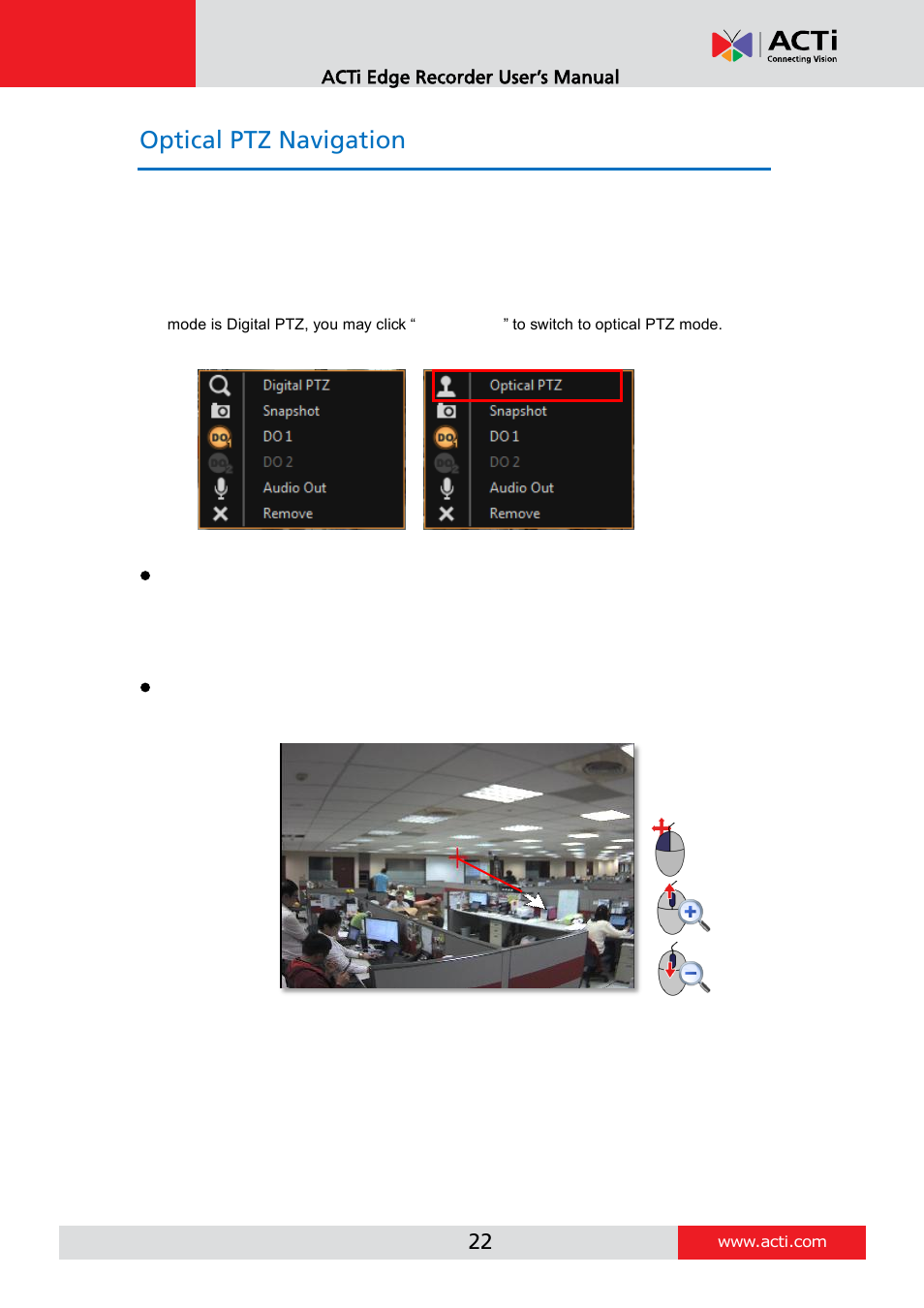Optical ptz navigation | ACTi Edge Recorder Client for Windows V1.0.03 User Manual | Page 22 / 49