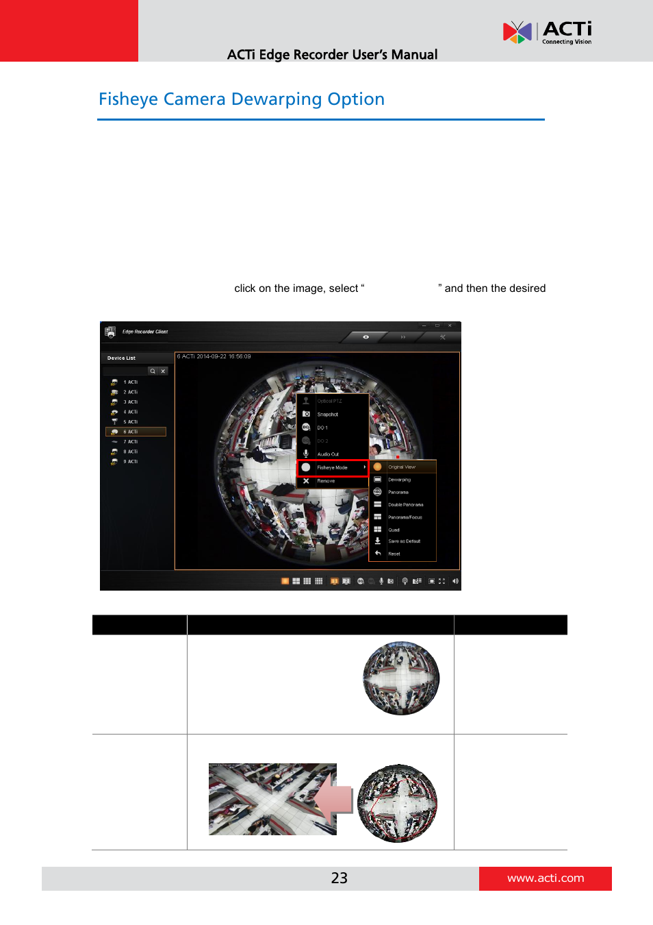 Fisheye camera dewarping option, Acti edge recorder user’s manual | ACTi Edge Recorder Client for Windows V1.0.03 User Manual | Page 23 / 49