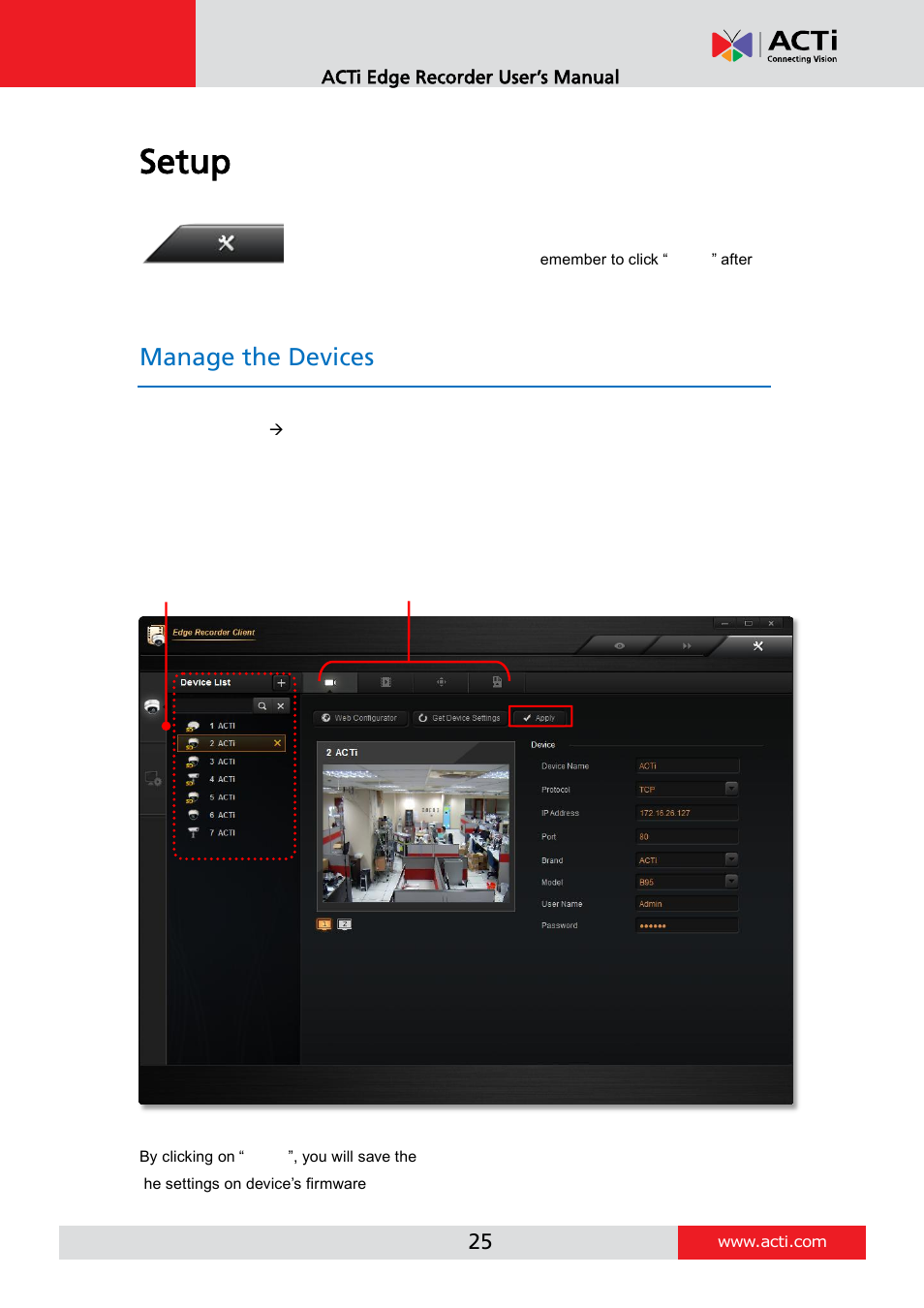 Setup, Manage the devices | ACTi Edge Recorder Client for Windows V1.0.03 User Manual | Page 25 / 49