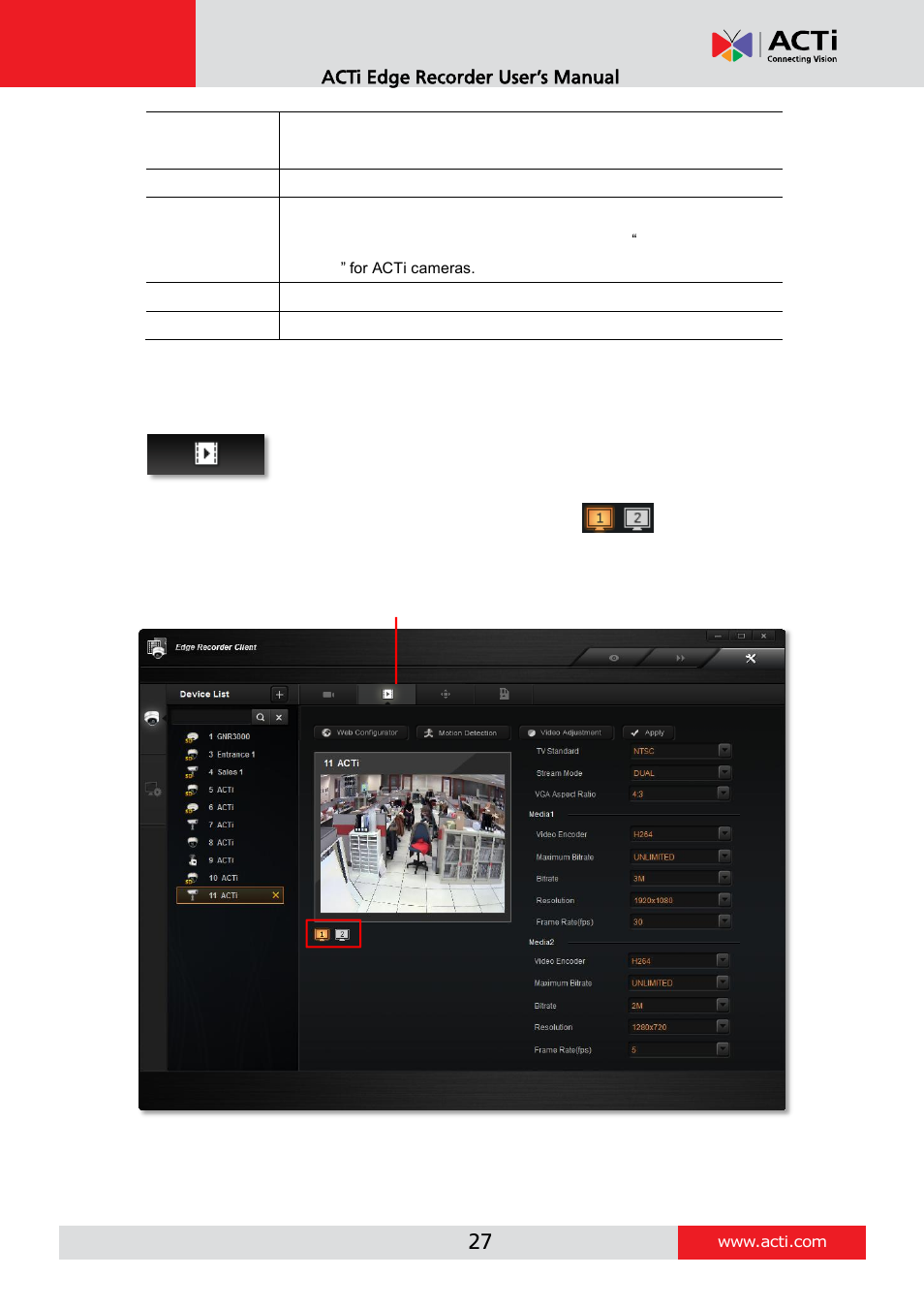 Configure device video settings | ACTi Edge Recorder Client for Windows V1.0.03 User Manual | Page 27 / 49
