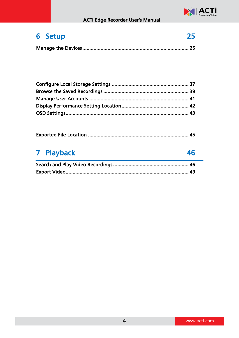 6 setup 25, 7 playback 46 | ACTi Edge Recorder Client for Windows V1.0.03 User Manual | Page 4 / 49