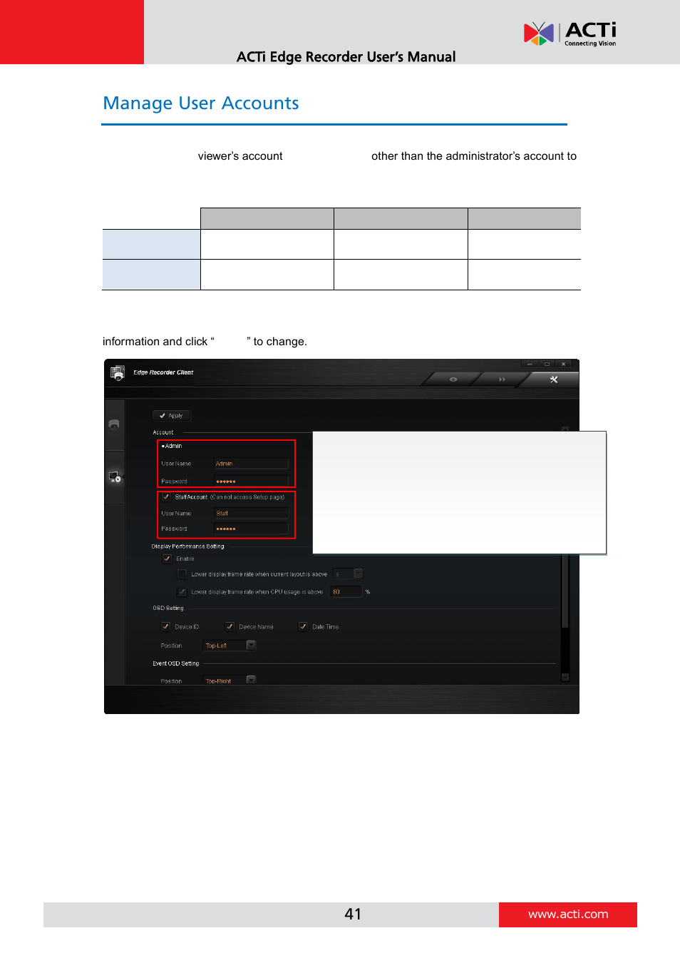 Manage user accounts | ACTi Edge Recorder Client for Windows V1.0.03 User Manual | Page 41 / 49