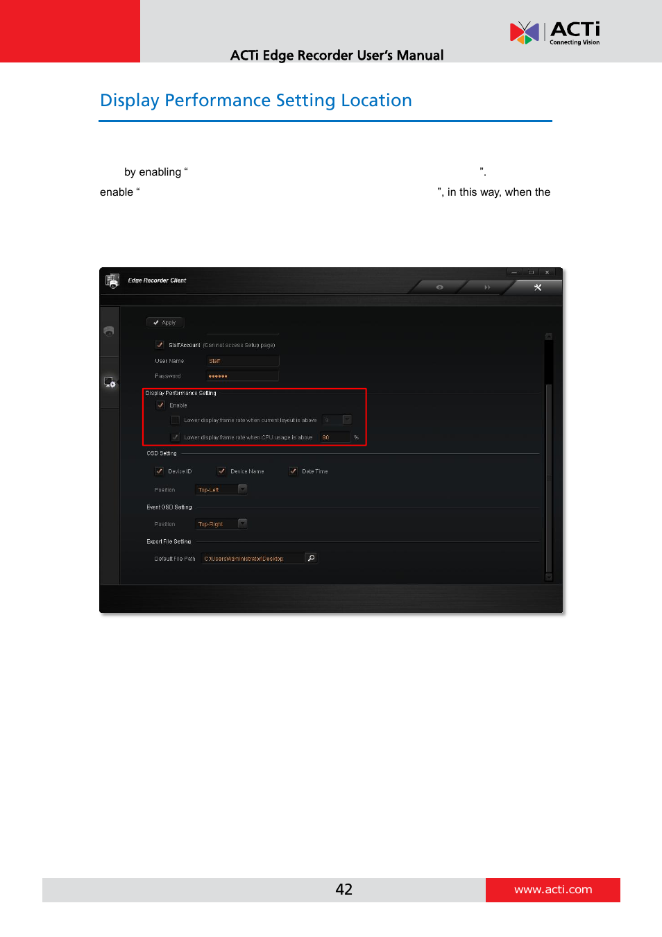 Display performance setting location | ACTi Edge Recorder Client for Windows V1.0.03 User Manual | Page 42 / 49