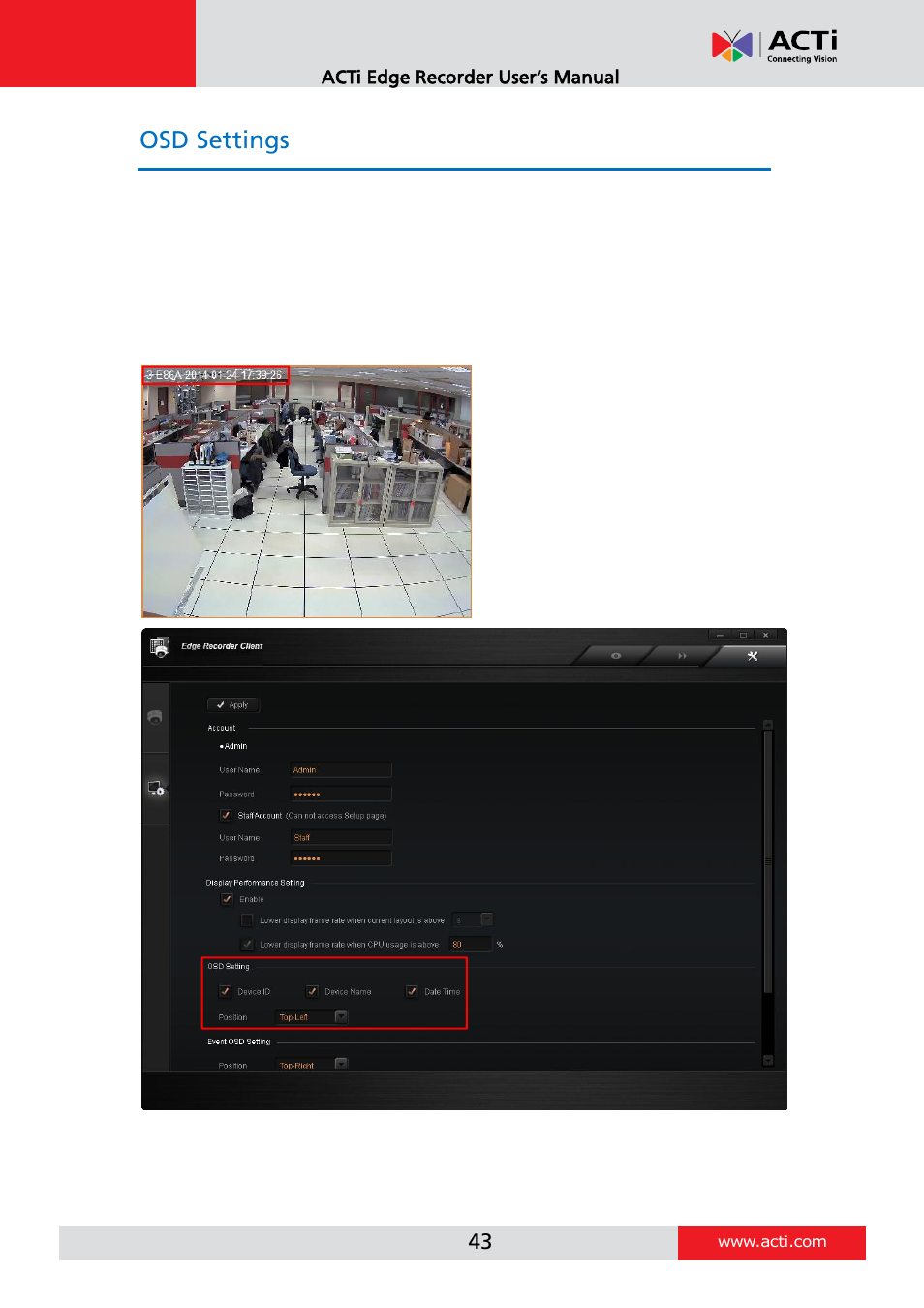 Osd settings, Osd setting | ACTi Edge Recorder Client for Windows V1.0.03 User Manual | Page 43 / 49