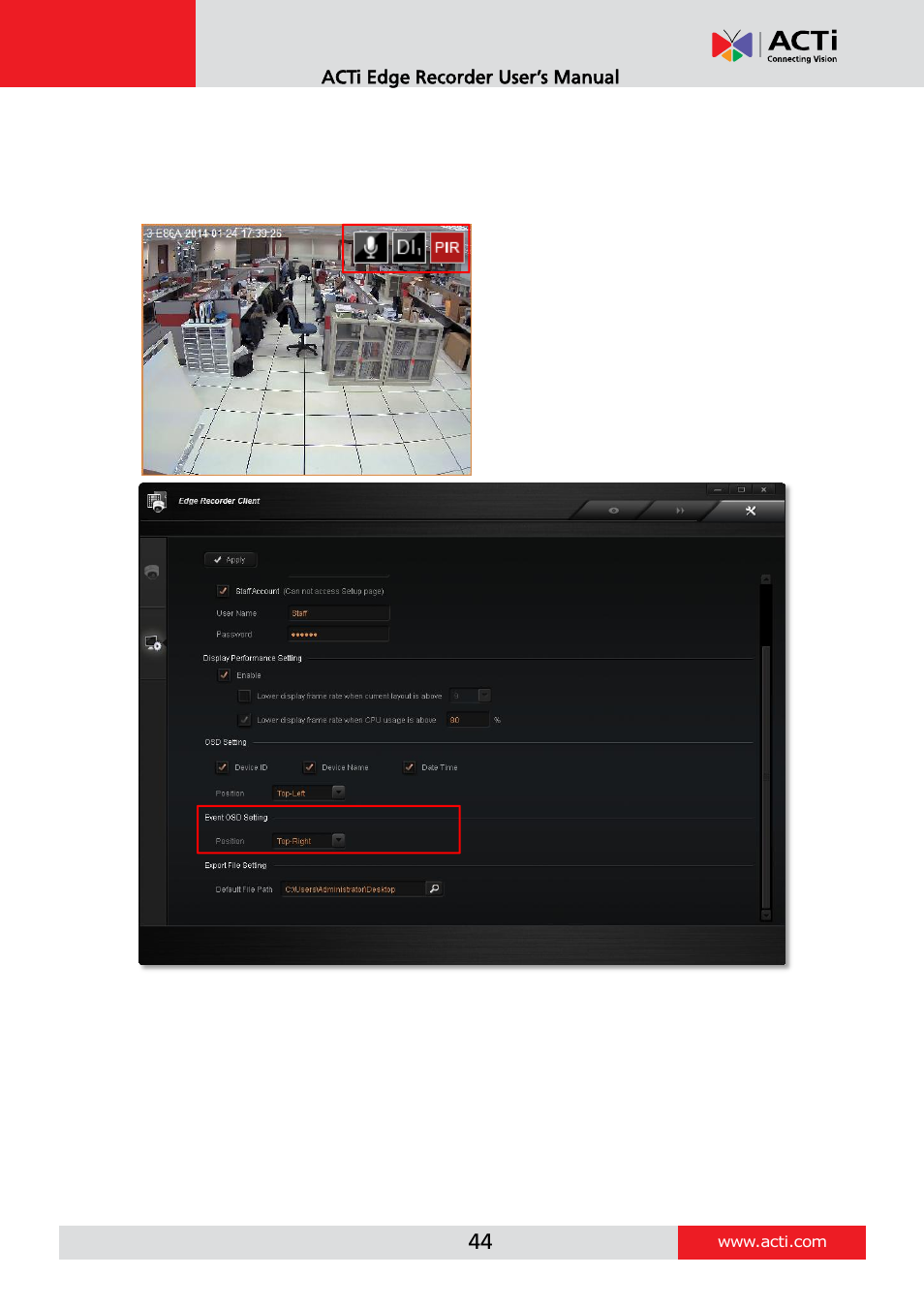 Event osd setting | ACTi Edge Recorder Client for Windows V1.0.03 User Manual | Page 44 / 49