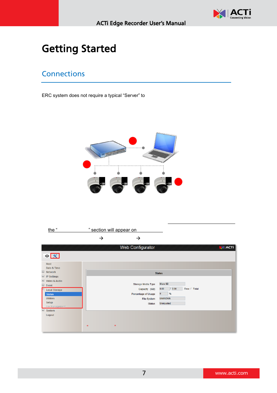 Getting started, Connections, Acti edge recorder user’s manual | Setup page | ACTi Edge Recorder Client for Windows V1.0.03 User Manual | Page 7 / 49