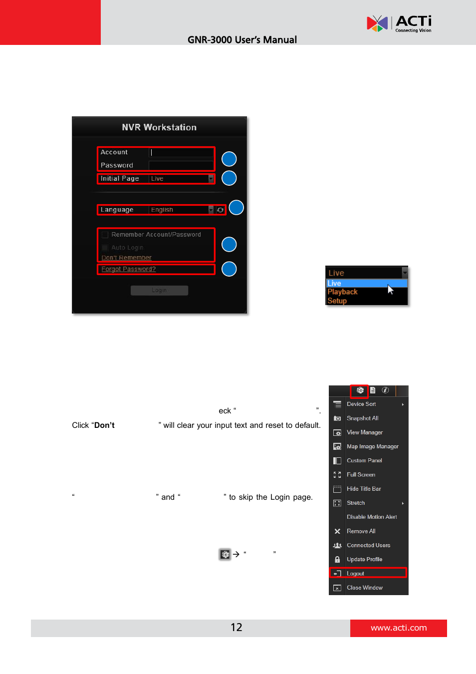 Local workstation client login, A. enter account & password, C. language | D. remember login information and auto login | ACTi INR-410 INR-420 V3.0.09 User Manual | Page 12 / 61