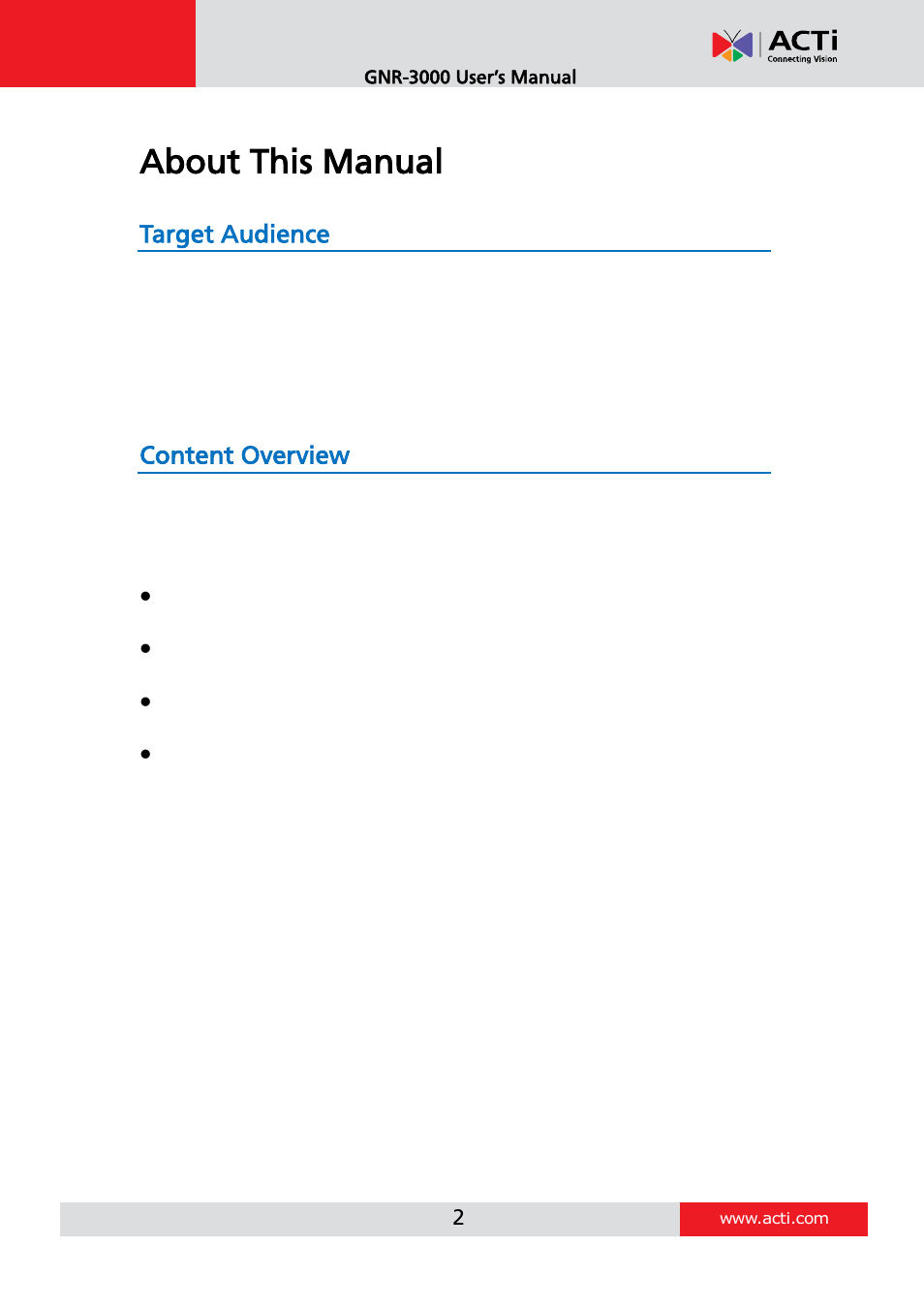 About this manual, Target audience, Content overview | ACTi INR-410 INR-420 V3.0.09 User Manual | Page 2 / 61