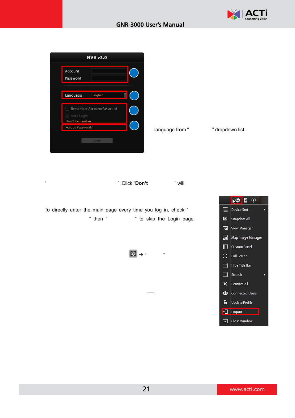 Login, A. enter account & password, B. change ui language | C. remember account/password, D. retrieve the forgotten password, Ab d c | ACTi INR-410 INR-420 V3.0.09 User Manual | Page 21 / 61