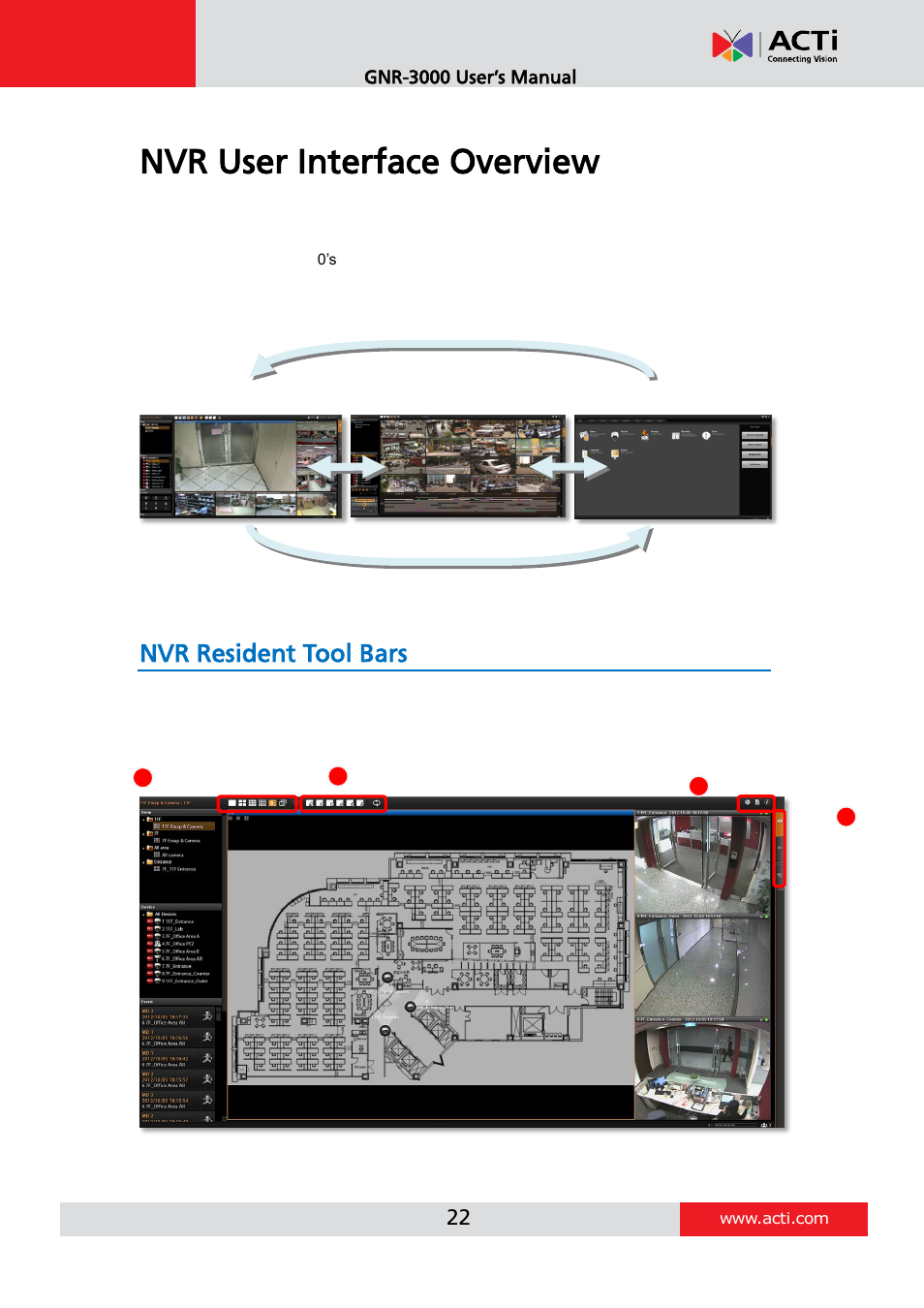 Nvr user interface overview, Nvr resident tool bars | ACTi INR-410 INR-420 V3.0.09 User Manual | Page 22 / 61