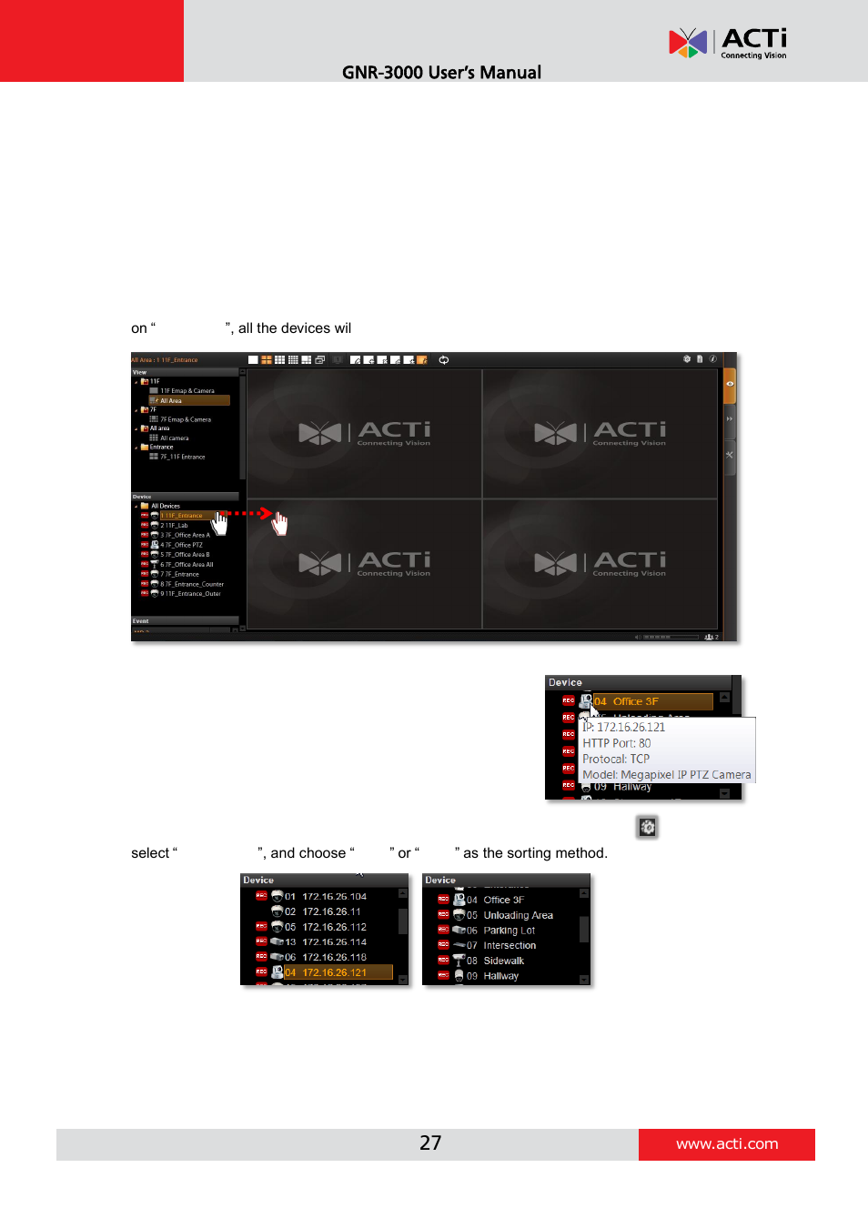 Select a camera, Device list | ACTi INR-410 INR-420 V3.0.09 User Manual | Page 27 / 61