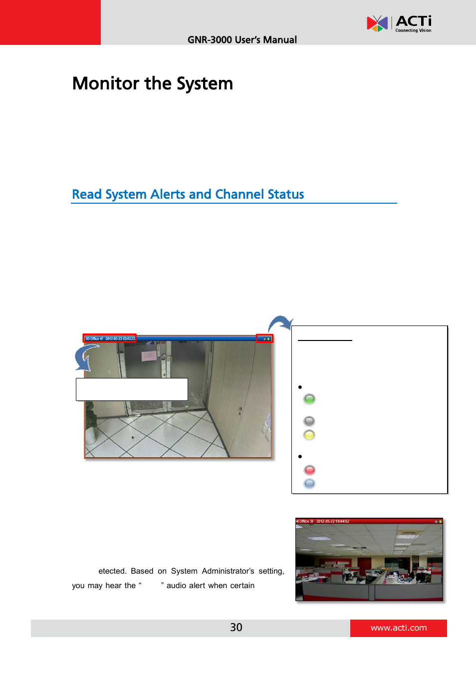 Monitor the system, Read system alerts and channel status, Channel status | ACTi INR-410 INR-420 V3.0.09 User Manual | Page 30 / 61