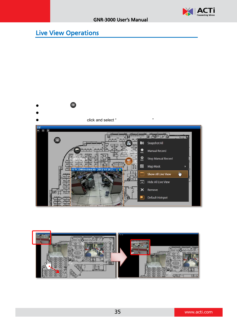 Live view operations, Show mini live view windows on a map | ACTi INR-410 INR-420 V3.0.09 User Manual | Page 35 / 61