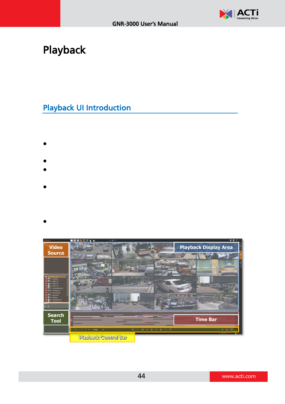 Playback, Playback ui introduction, Gnr-3000 user’s manual | ACTi INR-410 INR-420 V3.0.09 User Manual | Page 44 / 61