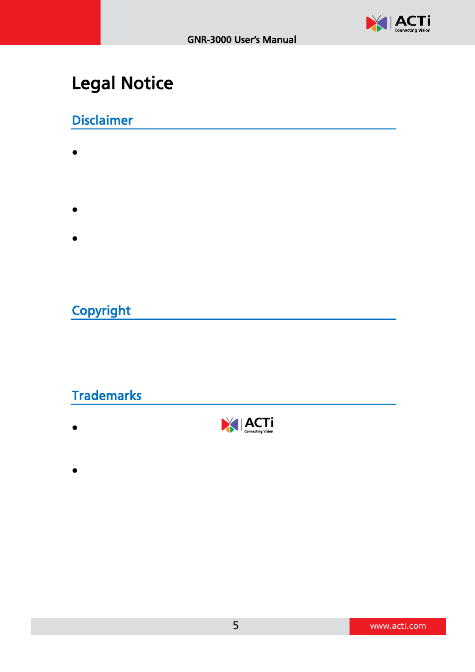 Legal notice, Disclaimer, Copyright | Trademarks | ACTi INR-410 INR-420 V3.0.09 User Manual | Page 5 / 61