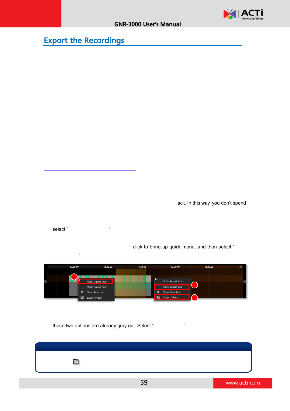 Export the recordings, Define the section of exported video on time bar, Gnr-3000 user’s manual | ACTi INR-410 INR-420 V3.0.09 User Manual | Page 59 / 61