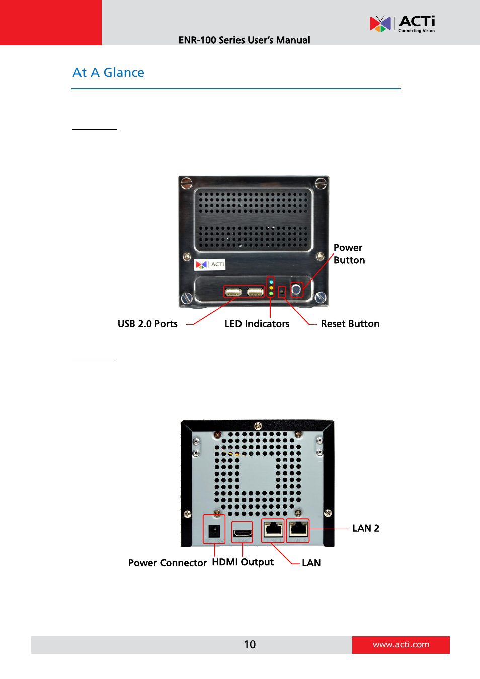 At a glance, Enr-110 / enr-120 / enr-130 | ACTi ENR-110 ENR-120 ENR-130 ENR-140 User Manual | Page 10 / 52