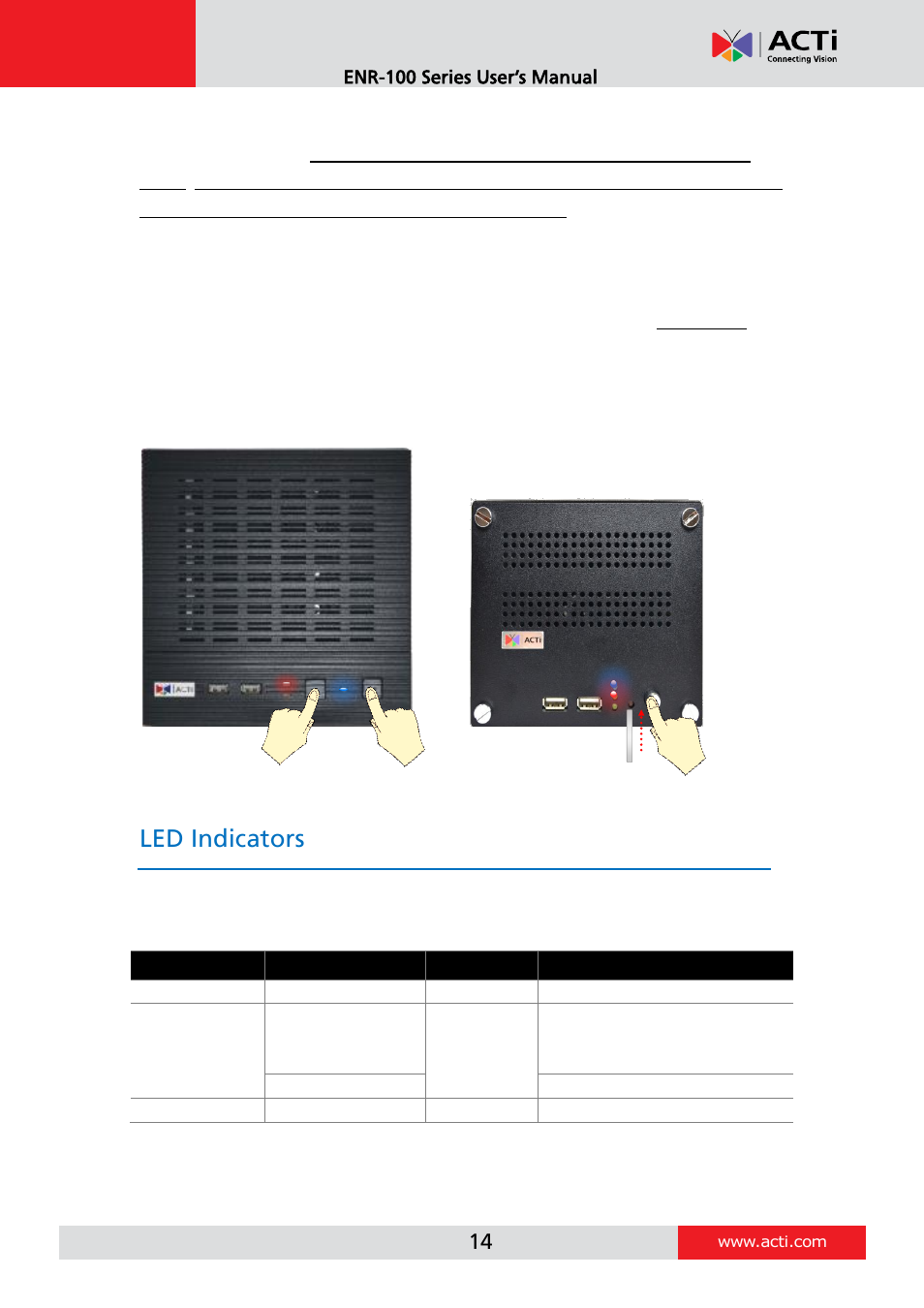 Reset to factory default, Led indicators | ACTi ENR-110 ENR-120 ENR-130 ENR-140 User Manual | Page 14 / 52