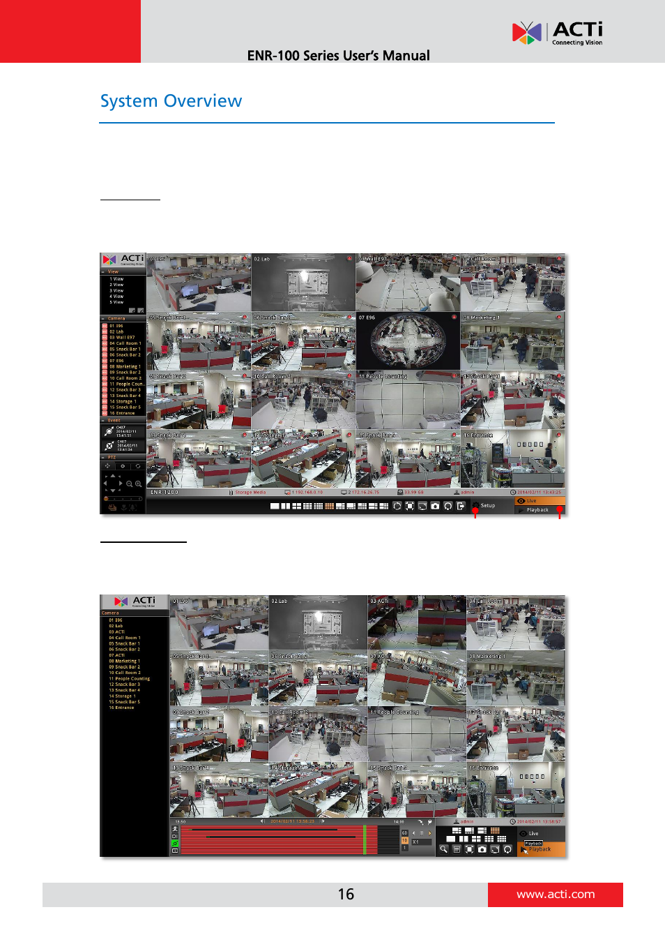 System overview, Main screen introduction, Enr-100 series user’s manual | ACTi ENR-110 ENR-120 ENR-130 ENR-140 User Manual | Page 16 / 52