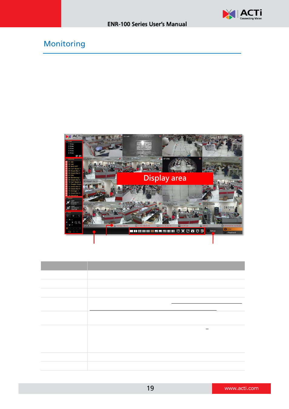 Monitoring, Live screen overview, Display area | ACTi ENR-110 ENR-120 ENR-130 ENR-140 User Manual | Page 19 / 52