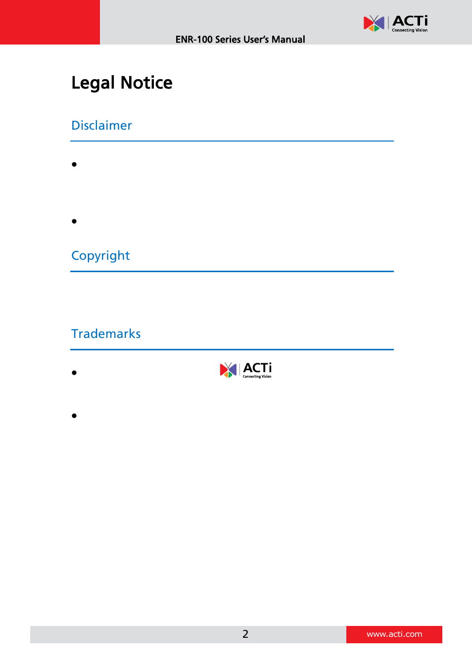 Legal notice, Disclaimer, Copyright | Trademarks | ACTi ENR-110 ENR-120 ENR-130 ENR-140 User Manual | Page 2 / 52