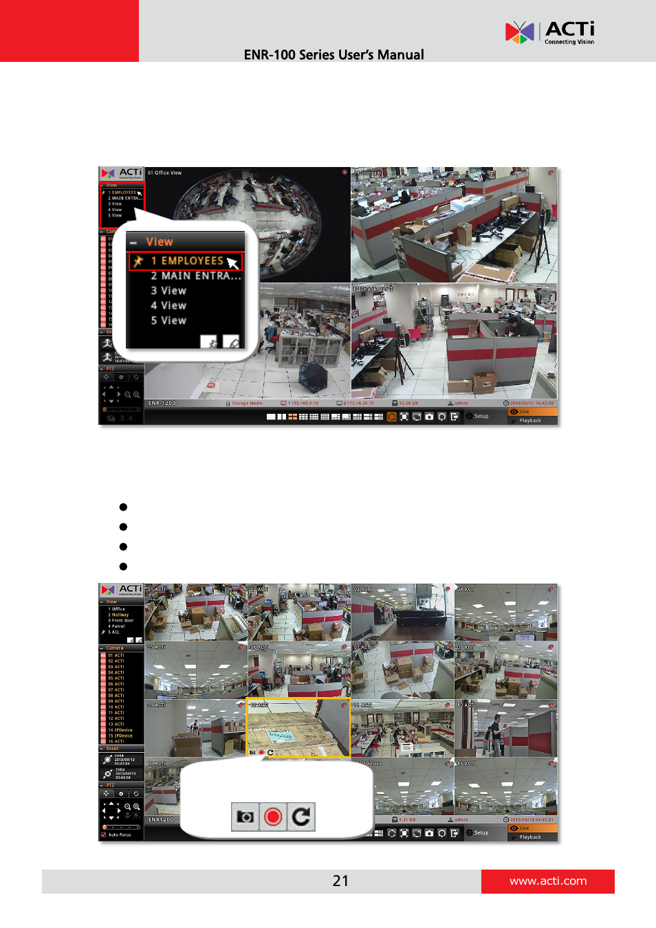 Apply a customized view layout, Single channel operations | ACTi ENR-110 ENR-120 ENR-130 ENR-140 User Manual | Page 21 / 52