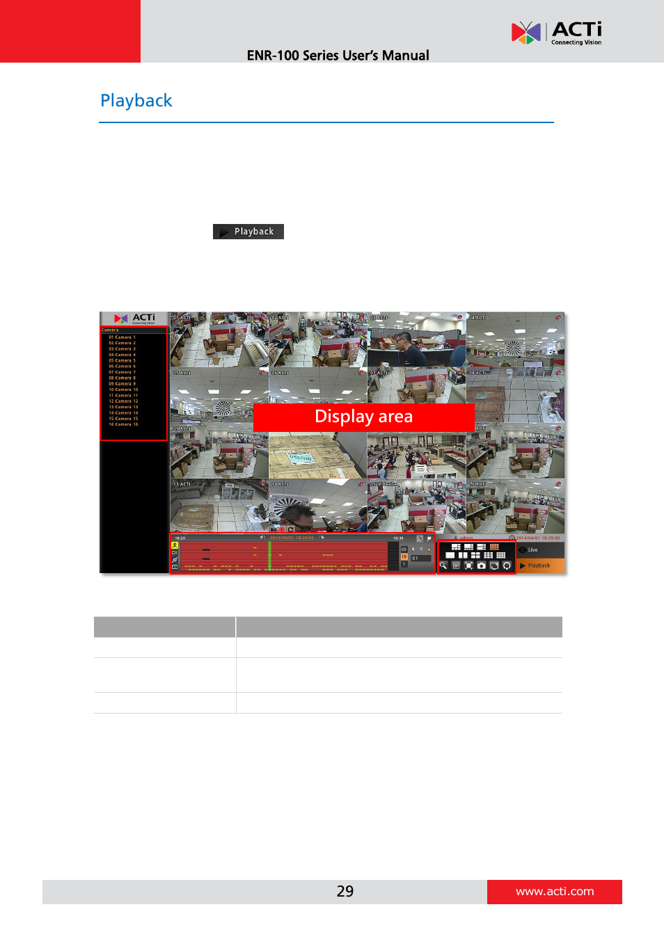 Playback, Playback screen overview, Display area | ACTi ENR-110 ENR-120 ENR-130 ENR-140 User Manual | Page 29 / 52