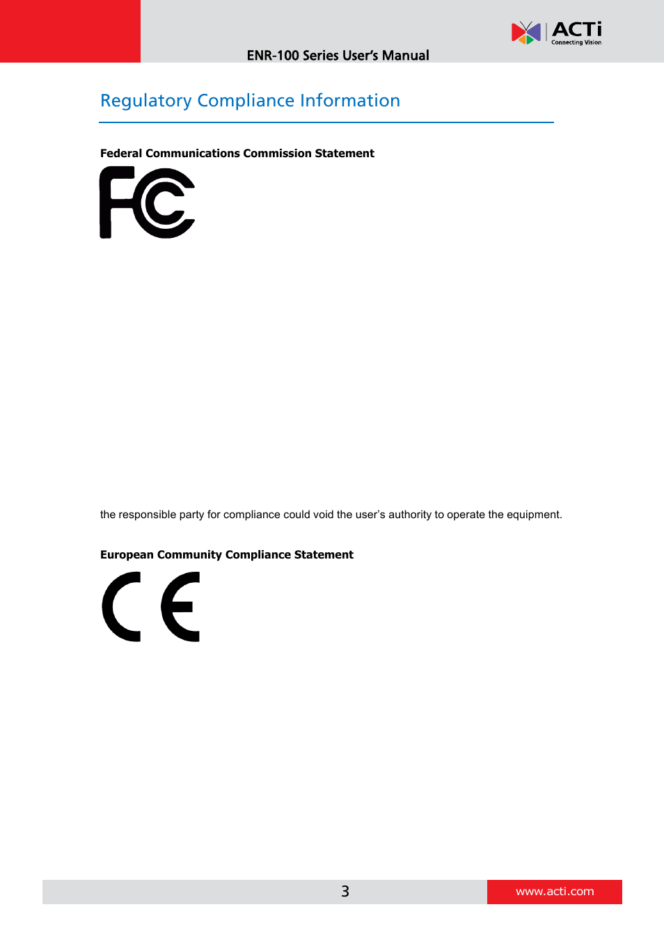 Regulatory compliance information | ACTi ENR-110 ENR-120 ENR-130 ENR-140 User Manual | Page 3 / 52