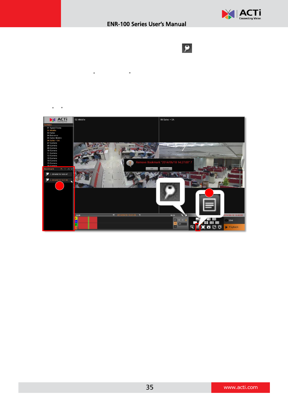 Add and search bookmarks | ACTi ENR-110 ENR-120 ENR-130 ENR-140 User Manual | Page 35 / 52