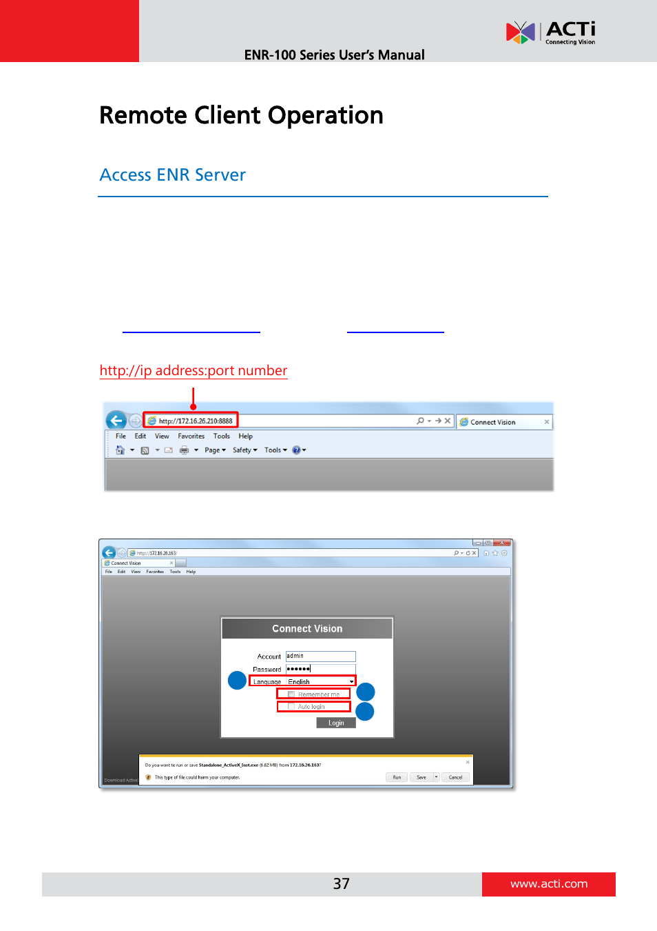 Remote client operation, Access enr server, Log in | Ab c | ACTi ENR-110 ENR-120 ENR-130 ENR-140 User Manual | Page 37 / 52