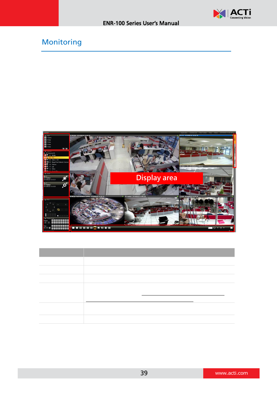 Monitoring, Live screen overview, Display area | ACTi ENR-110 ENR-120 ENR-130 ENR-140 User Manual | Page 39 / 52