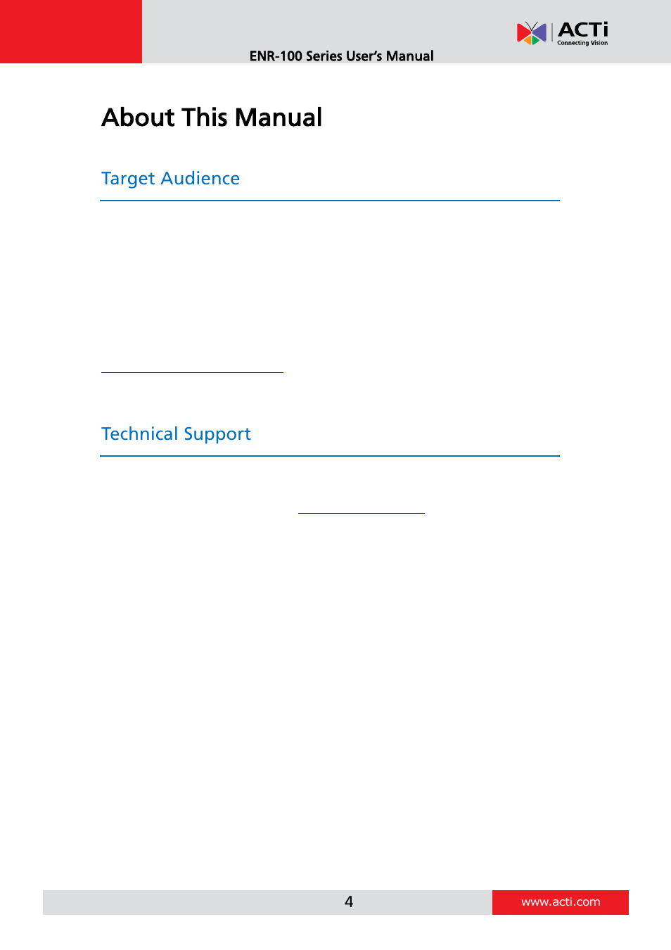 About this manual, Target audience, Technical support | ACTi ENR-110 ENR-120 ENR-130 ENR-140 User Manual | Page 4 / 52