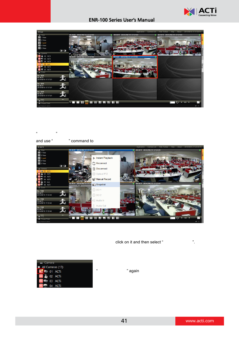 Take a snapshot, Manual record | ACTi ENR-110 ENR-120 ENR-130 ENR-140 User Manual | Page 41 / 52