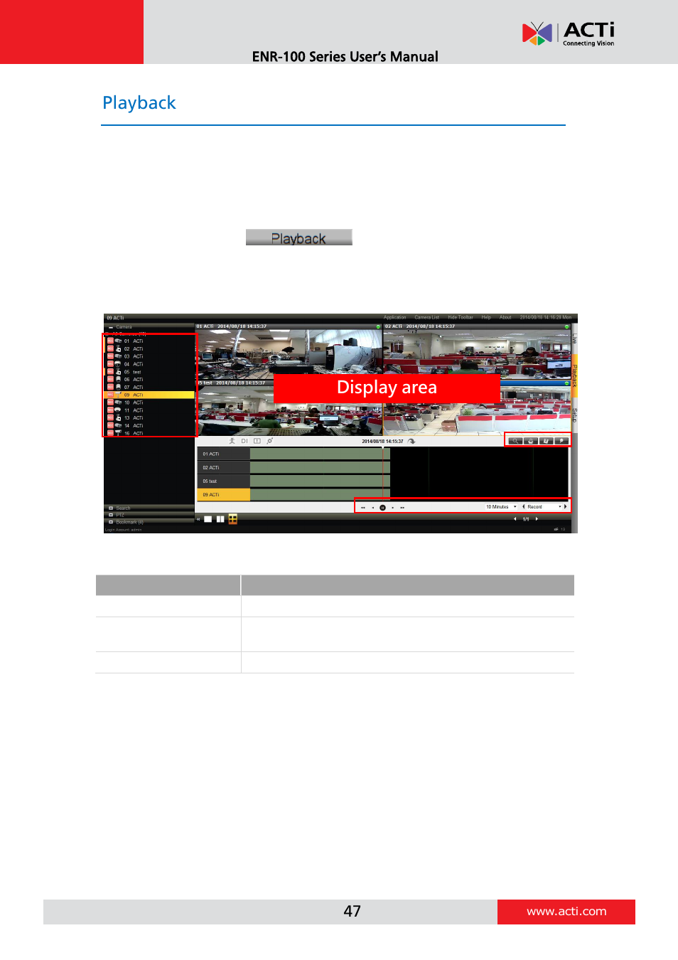 Playback, Playback screen overview, Display area | ACTi ENR-110 ENR-120 ENR-130 ENR-140 User Manual | Page 47 / 52