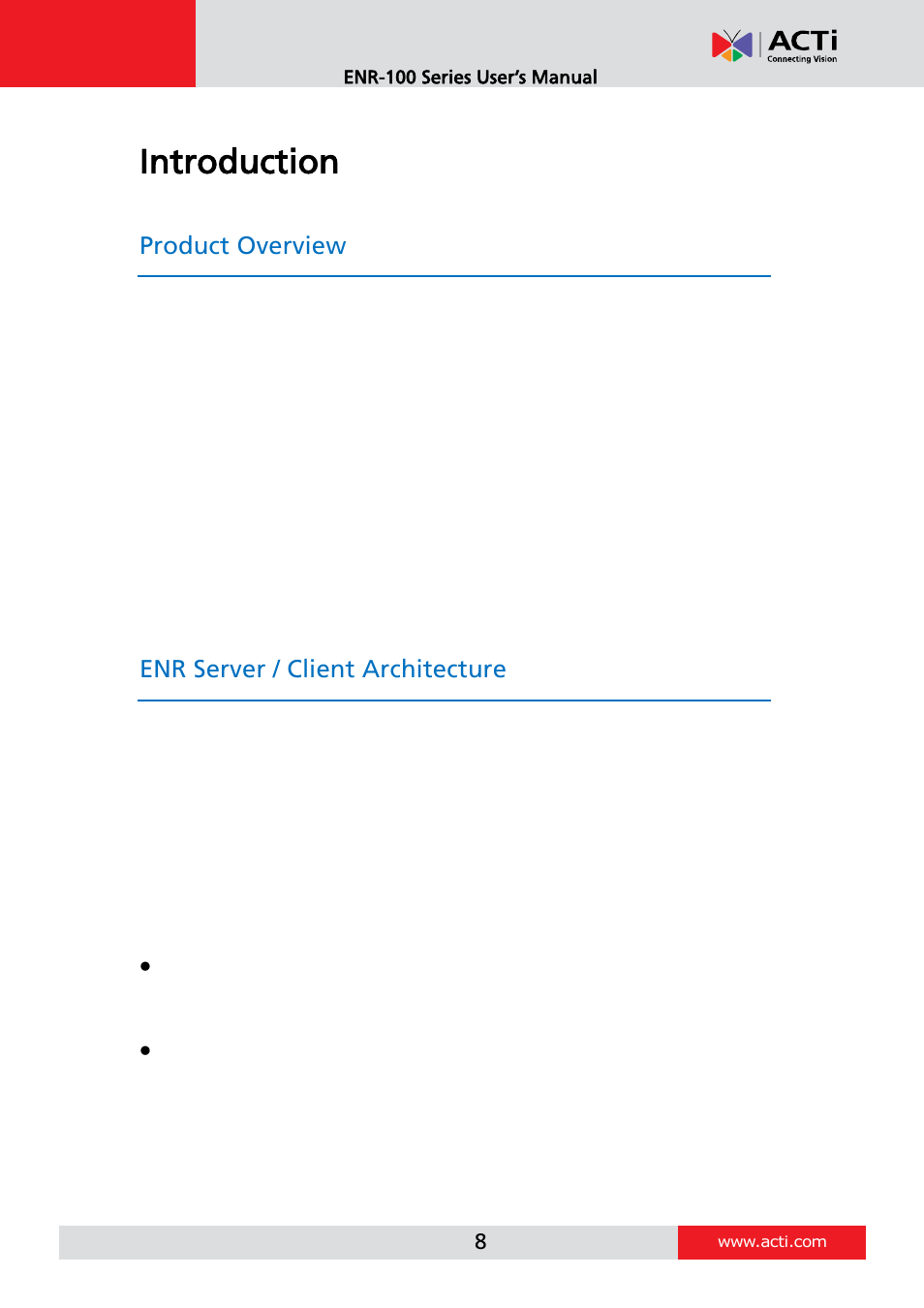 Introduction, Product overview, Enr server / client architecture | ACTi ENR-110 ENR-120 ENR-130 ENR-140 User Manual | Page 8 / 52
