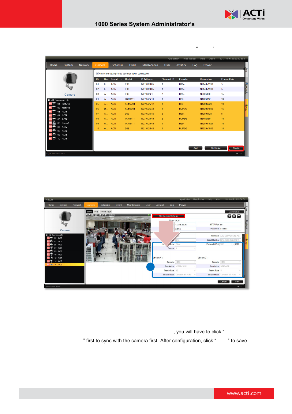 Delete cameras, Change camera settings, A) video format and transmission properties | ACTi ENR-1000 User Manual | Page 111 / 143