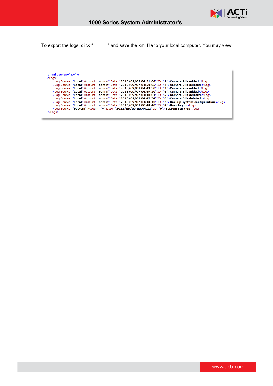 Export system log | ACTi ENR-1000 User Manual | Page 141 / 143