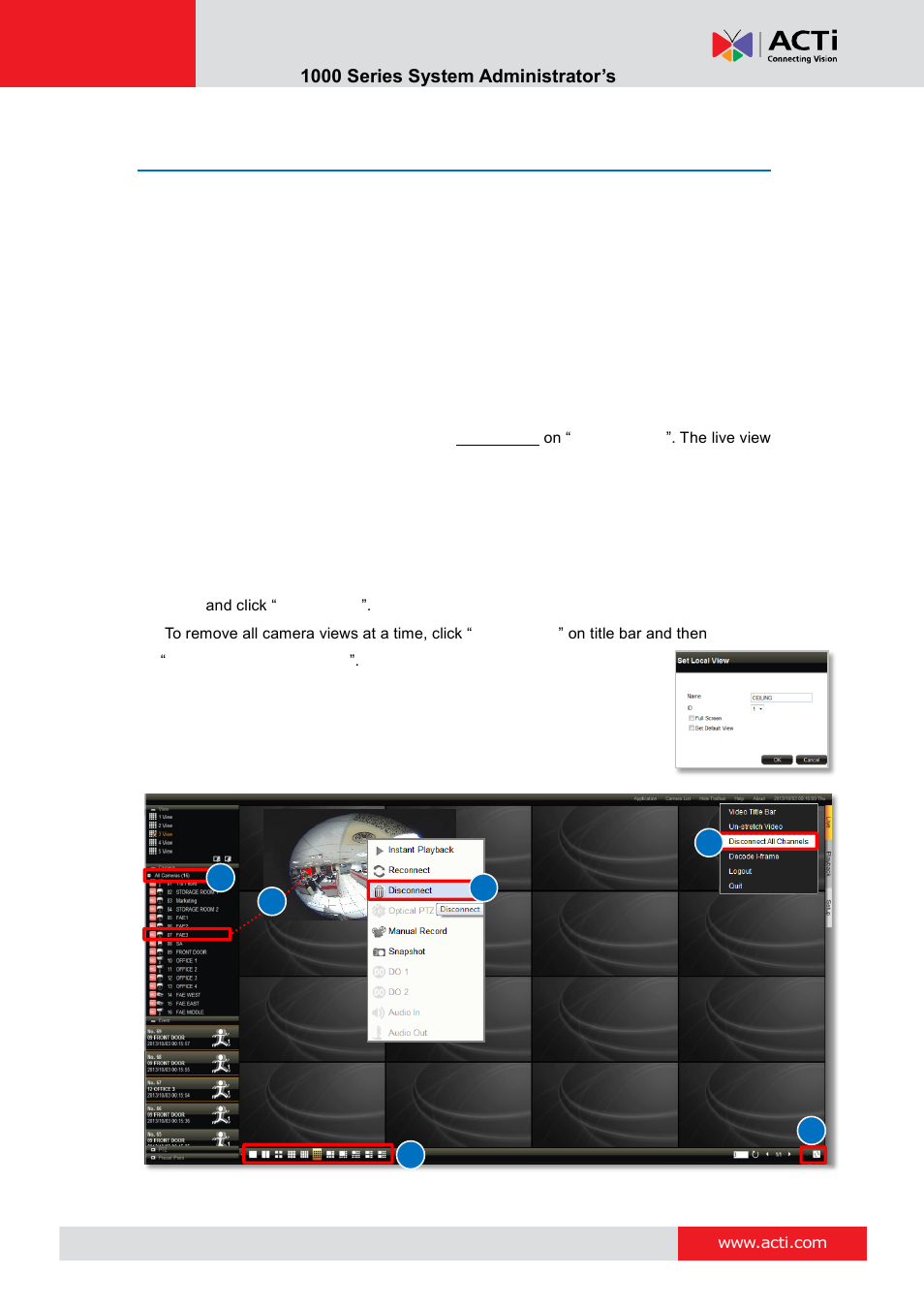 Customize live screen layout, Add camera views to channels, Remove camera views | A v f v, Enr- 1000 series system administrator’s manual, Change layout | ACTi ENR-1000 User Manual | Page 142 / 143