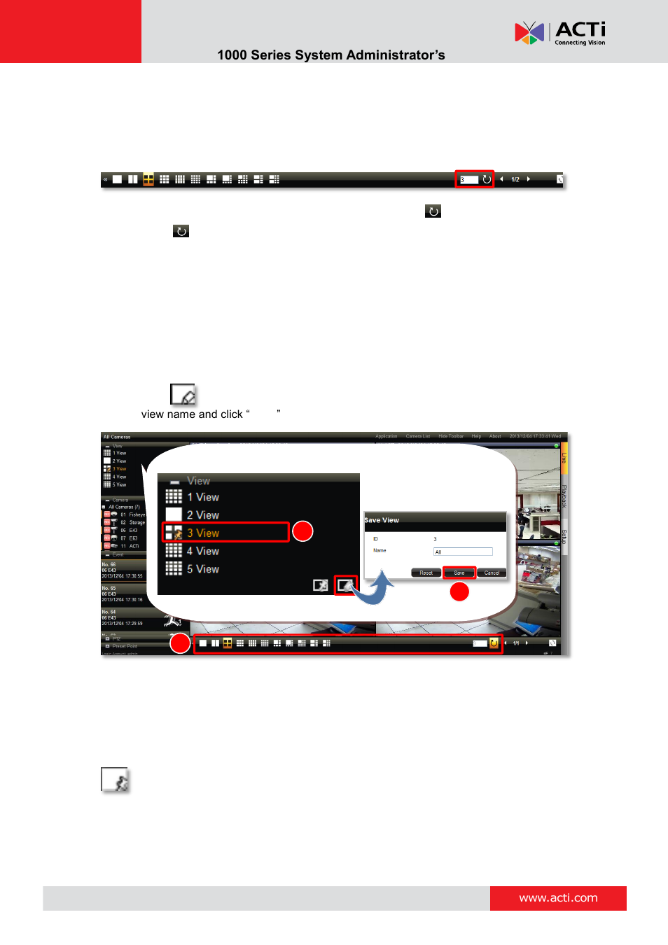 Execute sequence patrol, Save a customized view, Set a default view | ACTi ENR-1000 User Manual | Page 143 / 143