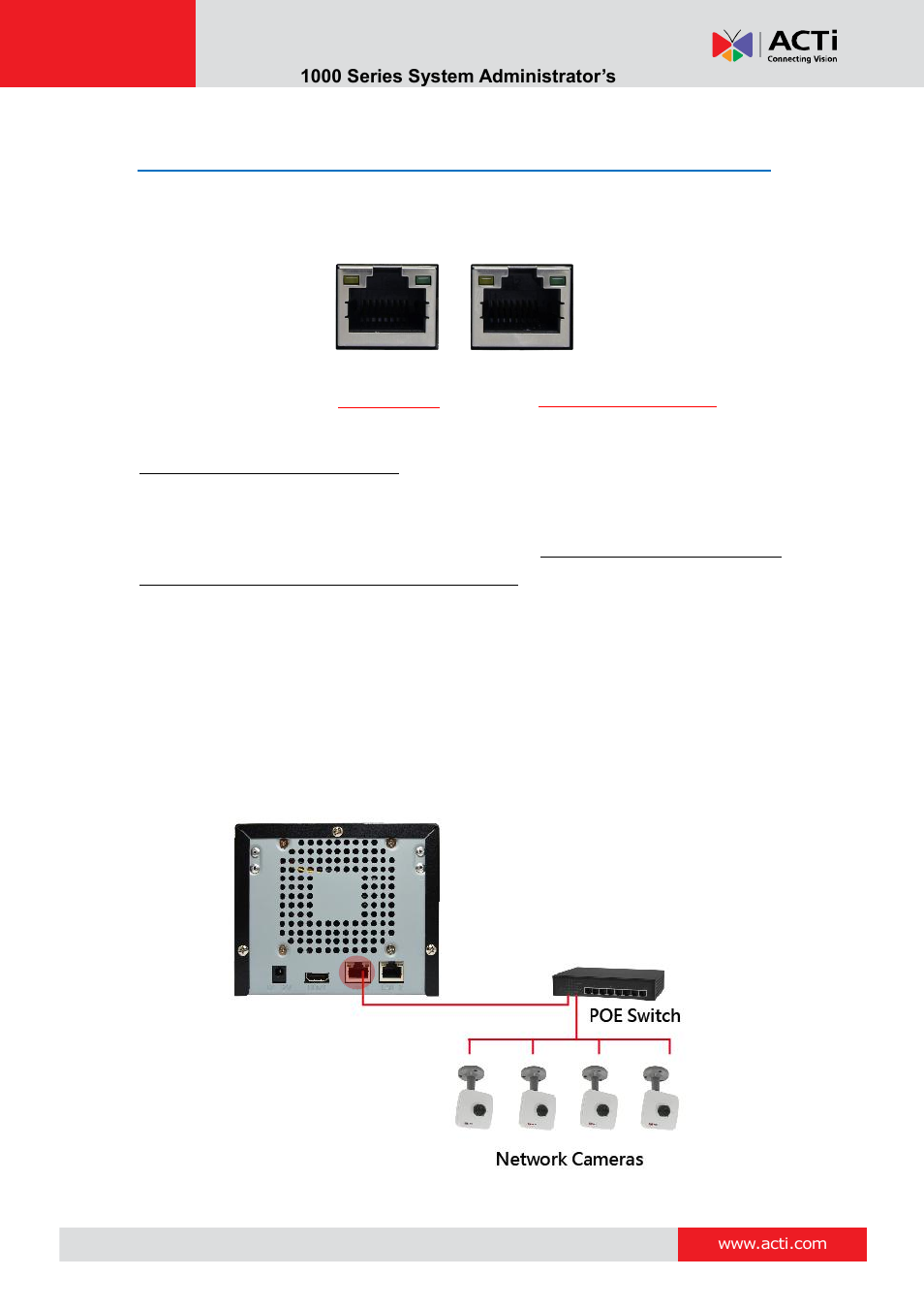 Network connection architecture, Lan 1 port, Connection setting example 1 | ACTi ENR-1000 User Manual | Page 24 / 143