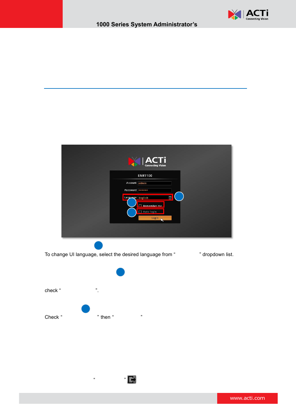 Local client operation, Log in to / out of enr, Log in | Change ui language, Remember login information, Set auto login, Ab c a 1 b c | ACTi ENR-1000 User Manual | Page 31 / 143