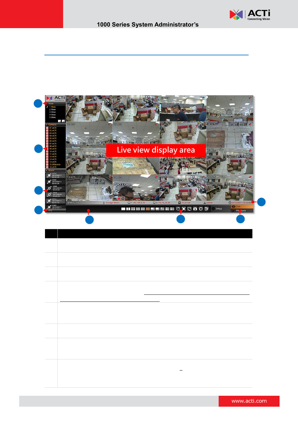 Live page ui overview, Live view display area | ACTi ENR-1000 User Manual | Page 32 / 143