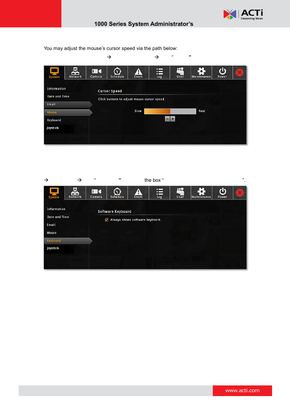 Mouse settings, Onscreen keyboard settings | ACTi ENR-1000 User Manual | Page 34 / 143